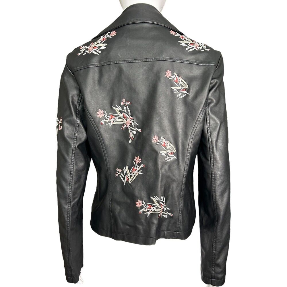 NWT Alfani Embroidered Moto Jacket Black Sz S Faux Vegan Leather Floral Biker - Picture 3 of 12